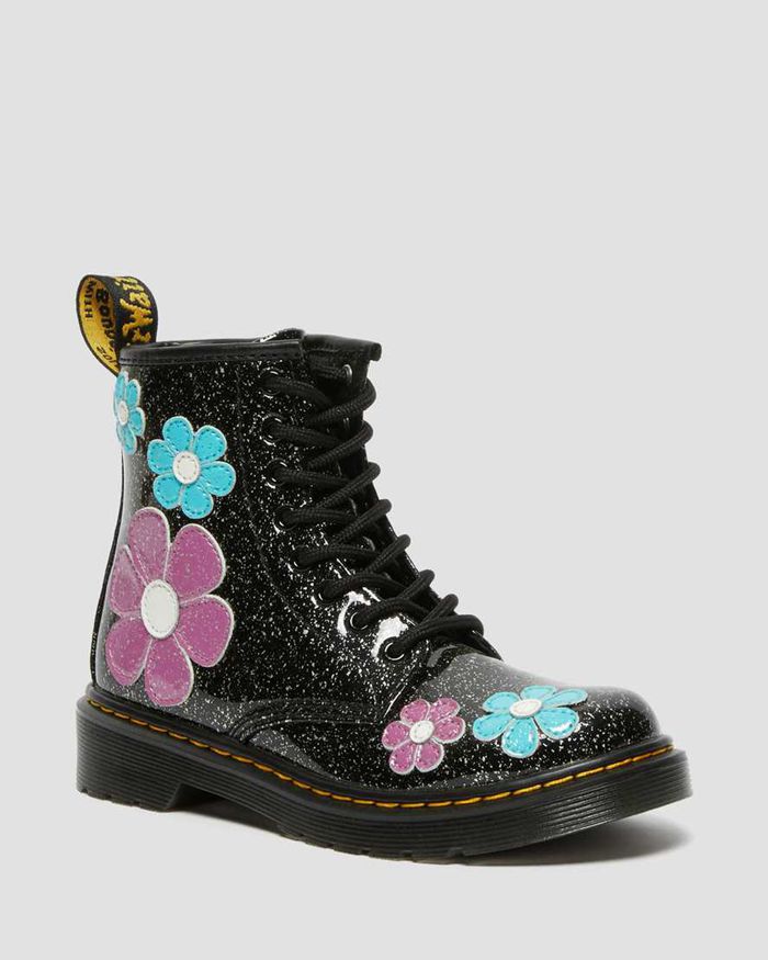 Dr Martens Kids Junior 1460 Glitter Patent Leather Lace Up Boots Black - 83412LTWK